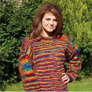 Ginger Blossom Sweater Wool Nepal Rainbow Large Heavy Hippie Fisherman Slouchy